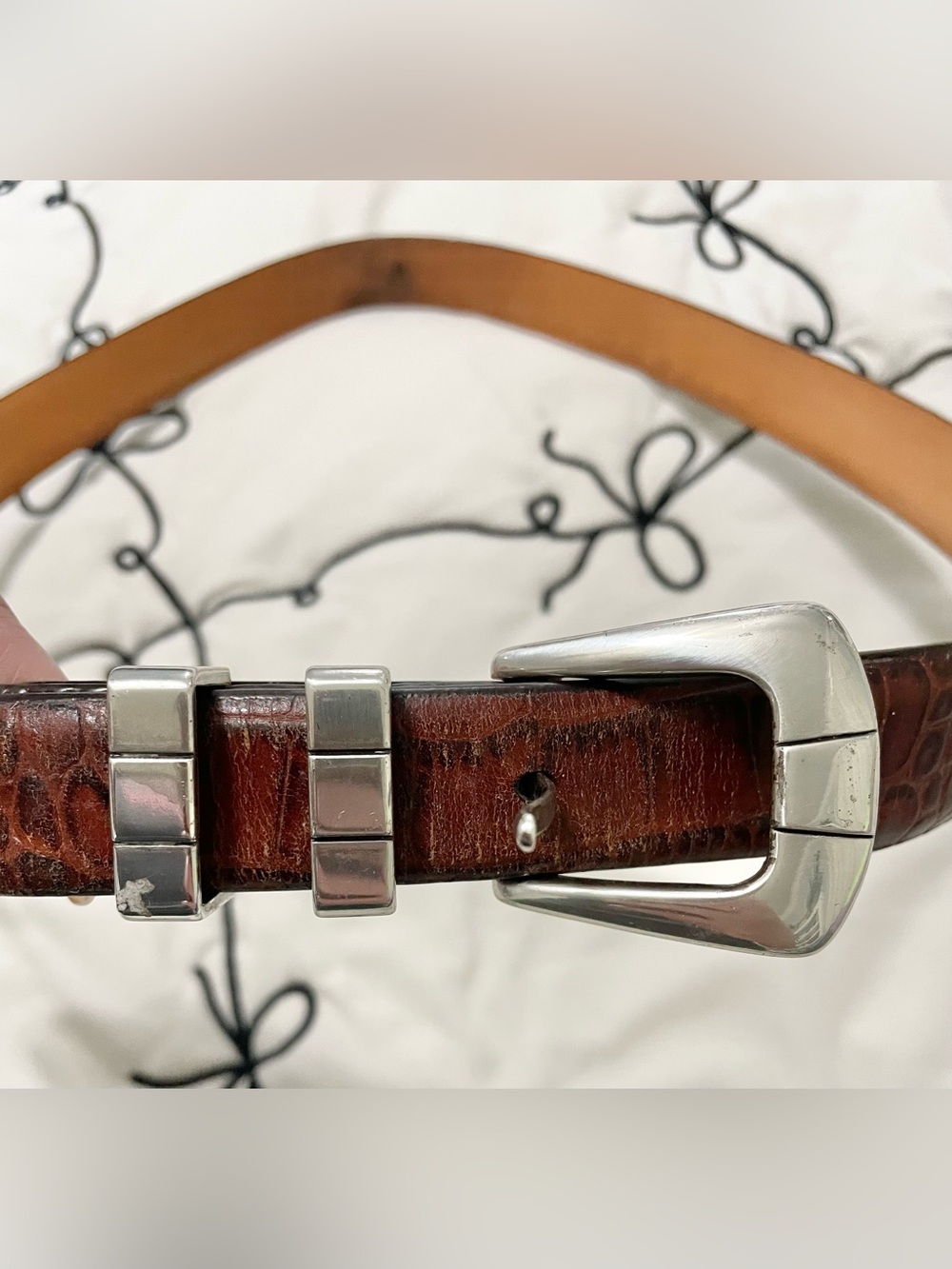 Brown Croc-Embossed Leather Belt with Silver Buckle - Picture 3 of 5